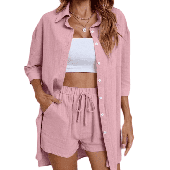 LYMAYTER Women 2 Piece Tracksuit Outfit Sets High Low Shirt and Drawstring Casual Shorts Set XS-XL