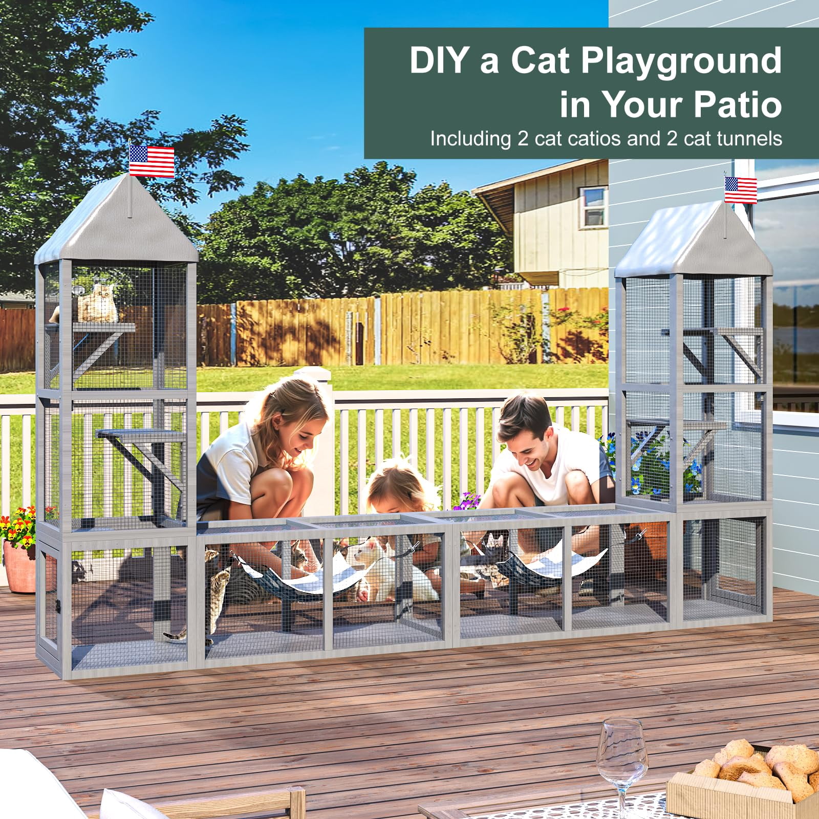Catio Outdoor Cat Enclosure with Tunnel, 2 in 1 Outside Pet Playground Include 1 Catio and 1 Tunnel, Cat Enclosure with Cats Hammock and Waterproof Cover, Indoor Outdoot Cats Cage with 2 Door