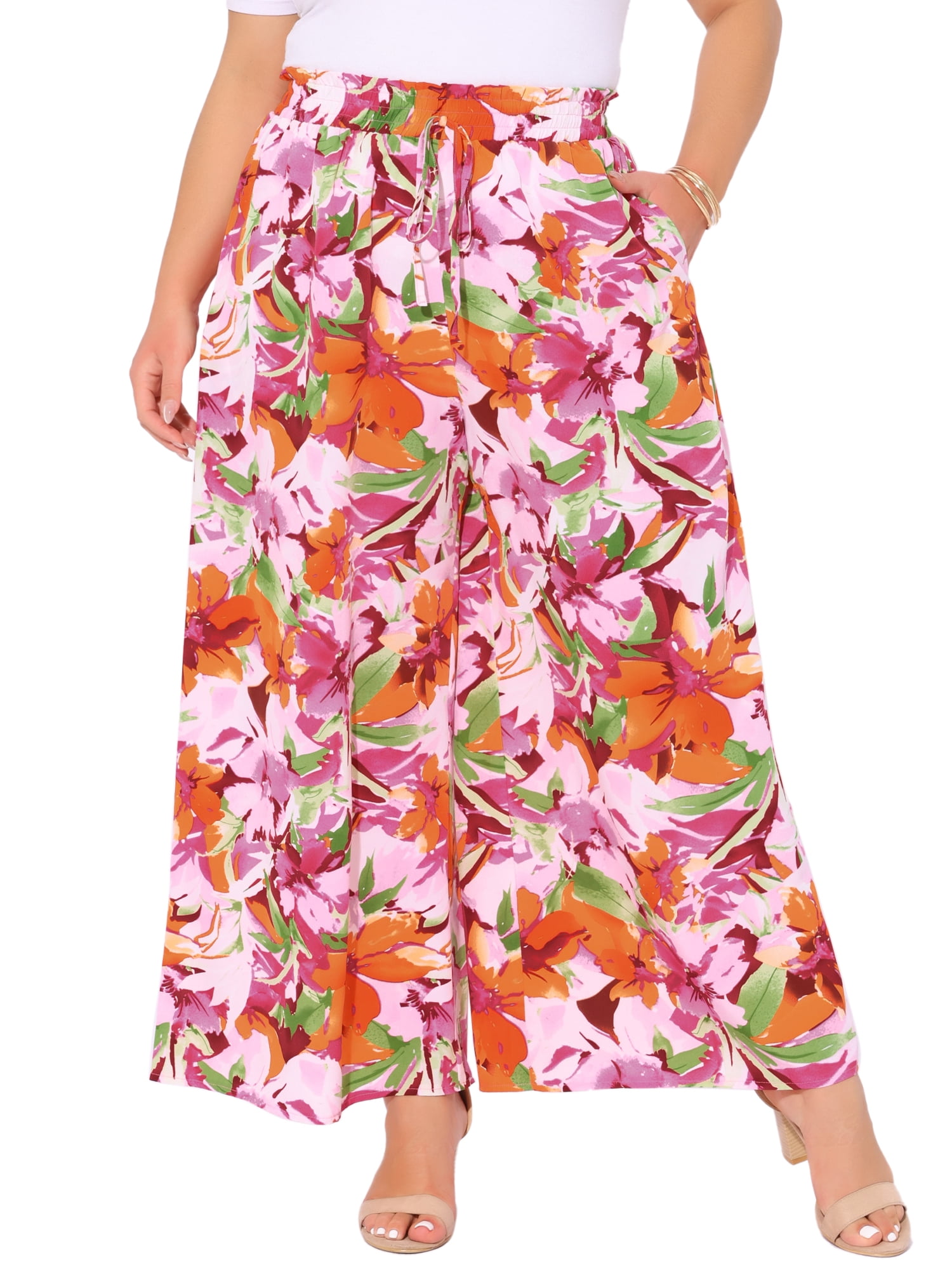 DARING DIVA Women's Plus Boho Floral Palazzo Trousers Pants 3X Pink Orange