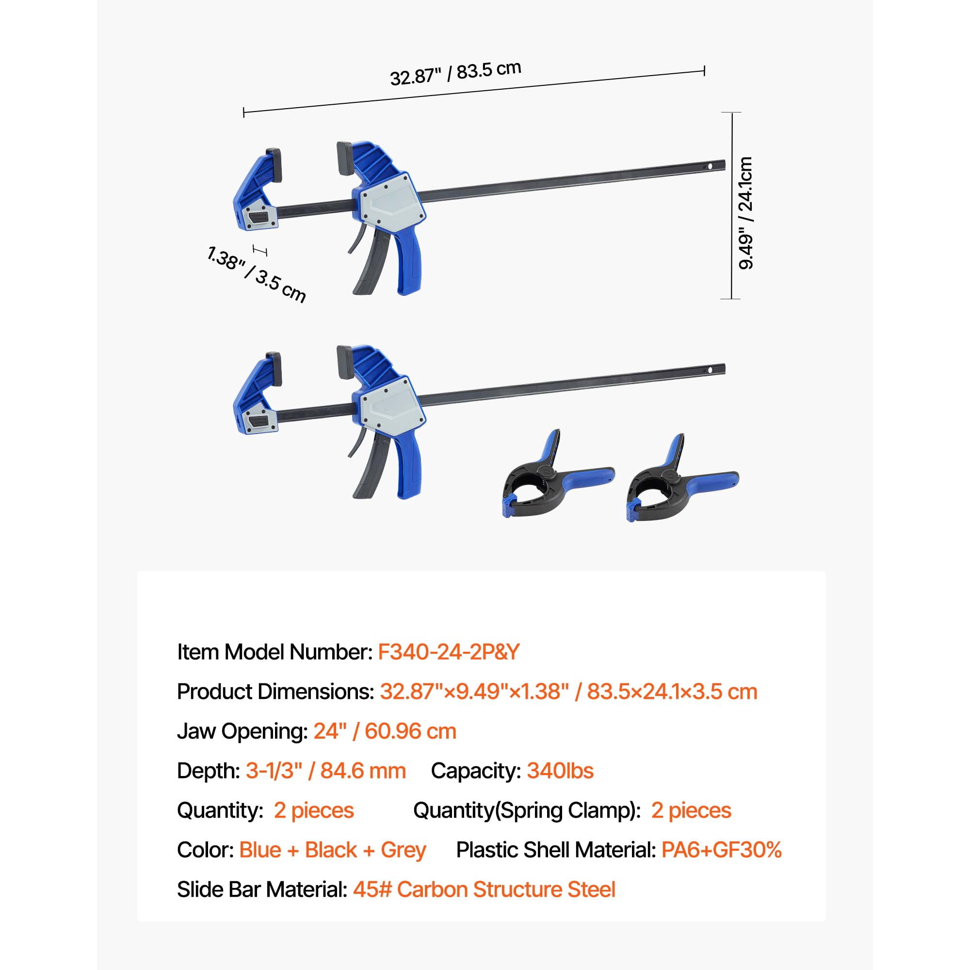 KFFKFF 24-Inch Bar Clamps for Woodworking, 2-Pack Quick-Release F-Clamps with 340 lbs Capacity, Durable Plastic and Carbon Steel, Ideal for Wood and Metal Projects, Blue and Black