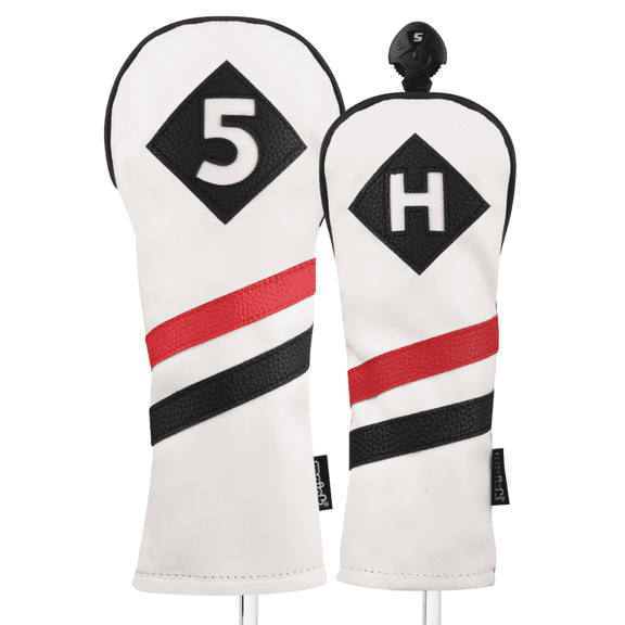 Majek Retro Golf Headcovers White Red and Black Vintage Leather Style 5 & H Fairway Wood and Hybrid Head Cover Classic Look