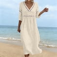 thumbnail image 2 of Ygbgbb Women V‑Neck Hollow Lace Trim Maxi Dress, Three‑Quarter Sleeve Empire‑Waist Loose Flowy Dress for Summer Beach and Resort‑Style Outfits Beige L, 2 of 7