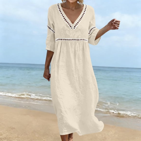 ClodeEU Women's Lace Trim V Neck 3/4 Sleeve Tunic Midi Dress,Casual Boho Beach Vacation Dress Beige,Women's Plus L