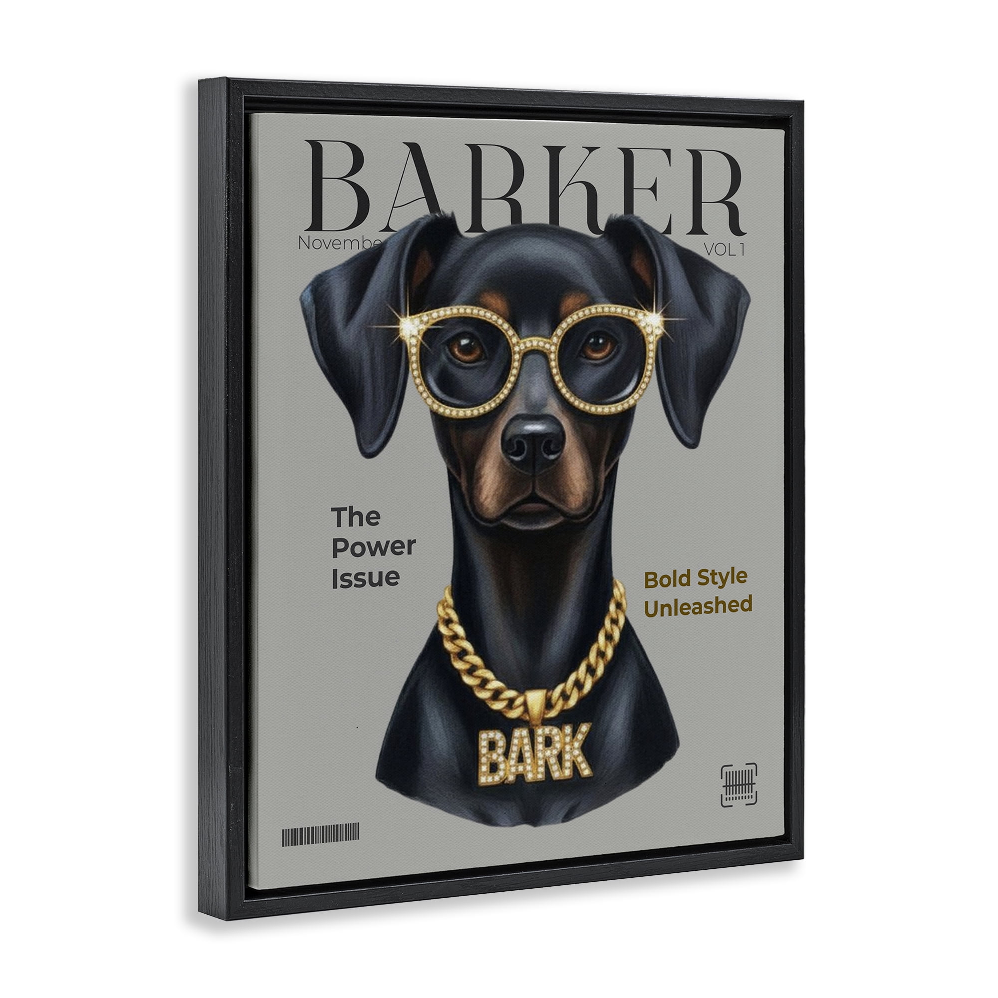 Stupell Industries Barker Dog Fashion Magazine Black Framed Floater Canvas Wall Art, design by A Barefoot Stylist
