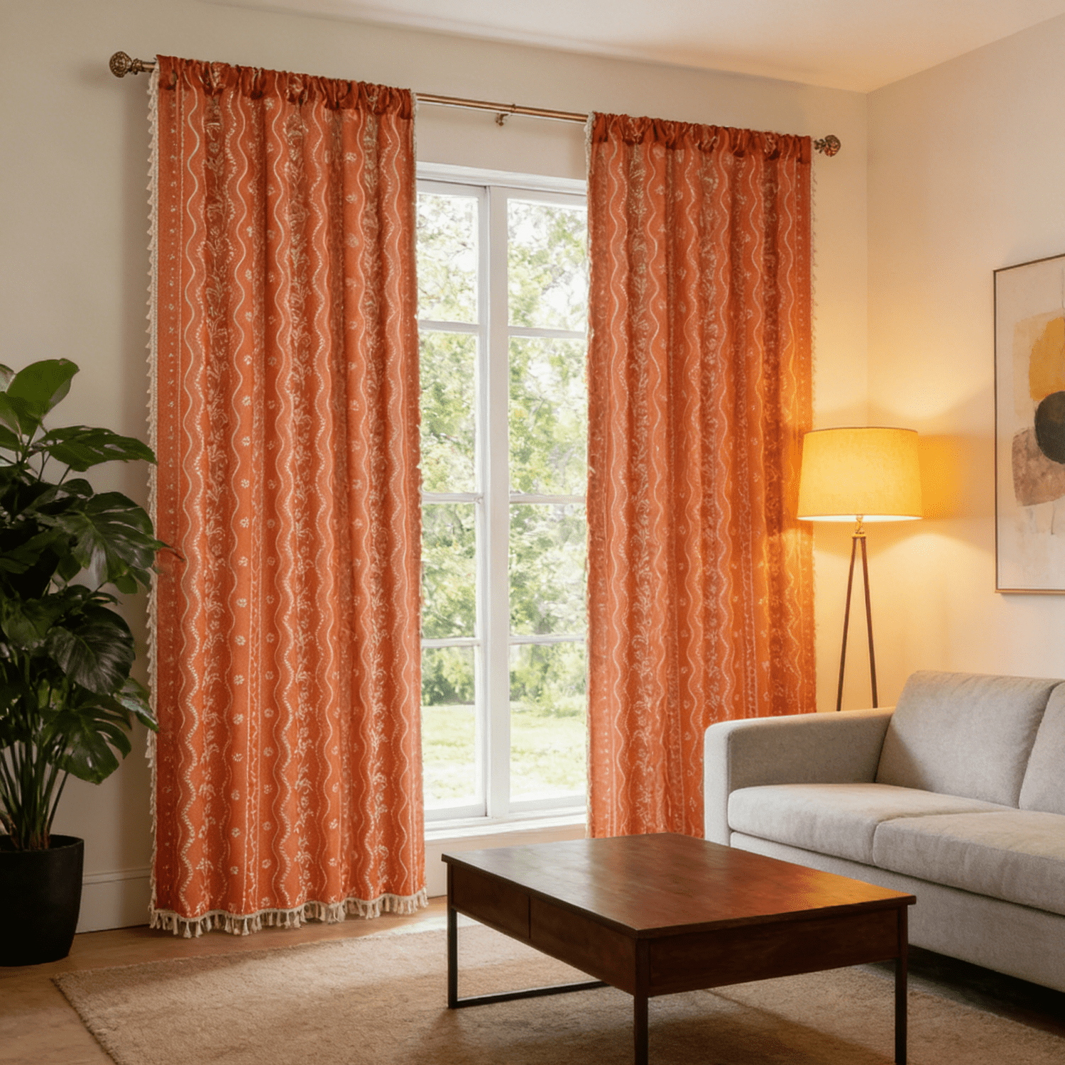 Invoibler Boho Farmhouse Muted Faded Burnt Orange Filtering Window Curtains, Linen Blend Drapes with Tassels & White Pattern, 52" x 84", Set of 2