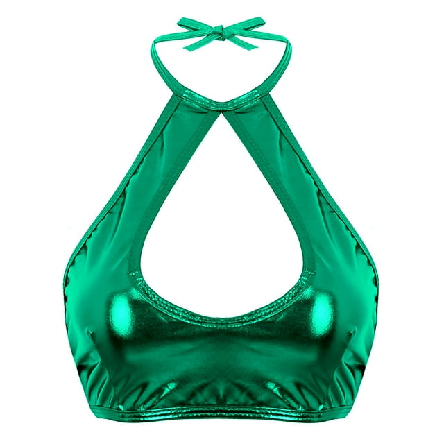 Haitryli Women's Shiny Metallic Keyhole Crop Top Halter Backless Rave Bandeau Vest Bra Clubwear Green One Size