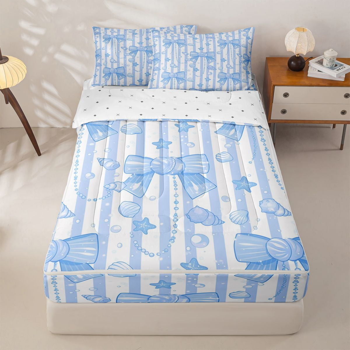 Homewish 3D Bowtie Stars Print Zipper Twin Comforter Sets with Fitted Sheet and 2 Pillowcases Girly Blue Bowknot Princess Zipper Bedding Set For Kids Reversible 4 Pieces