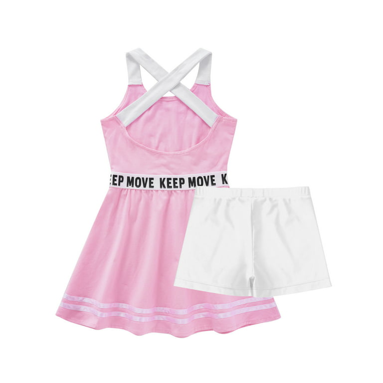 YEAHDOR Kids Girls Sports Suit Straps Cross at Rear A-Line Dress with  Shorts Set Gym Tennis Volleyball Outfit A Pink 14 
