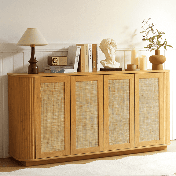 UZUGUL 4-Door Fluted Rattan Sideboard, Wood Color, Woven Accent, Sturdy & Stylish