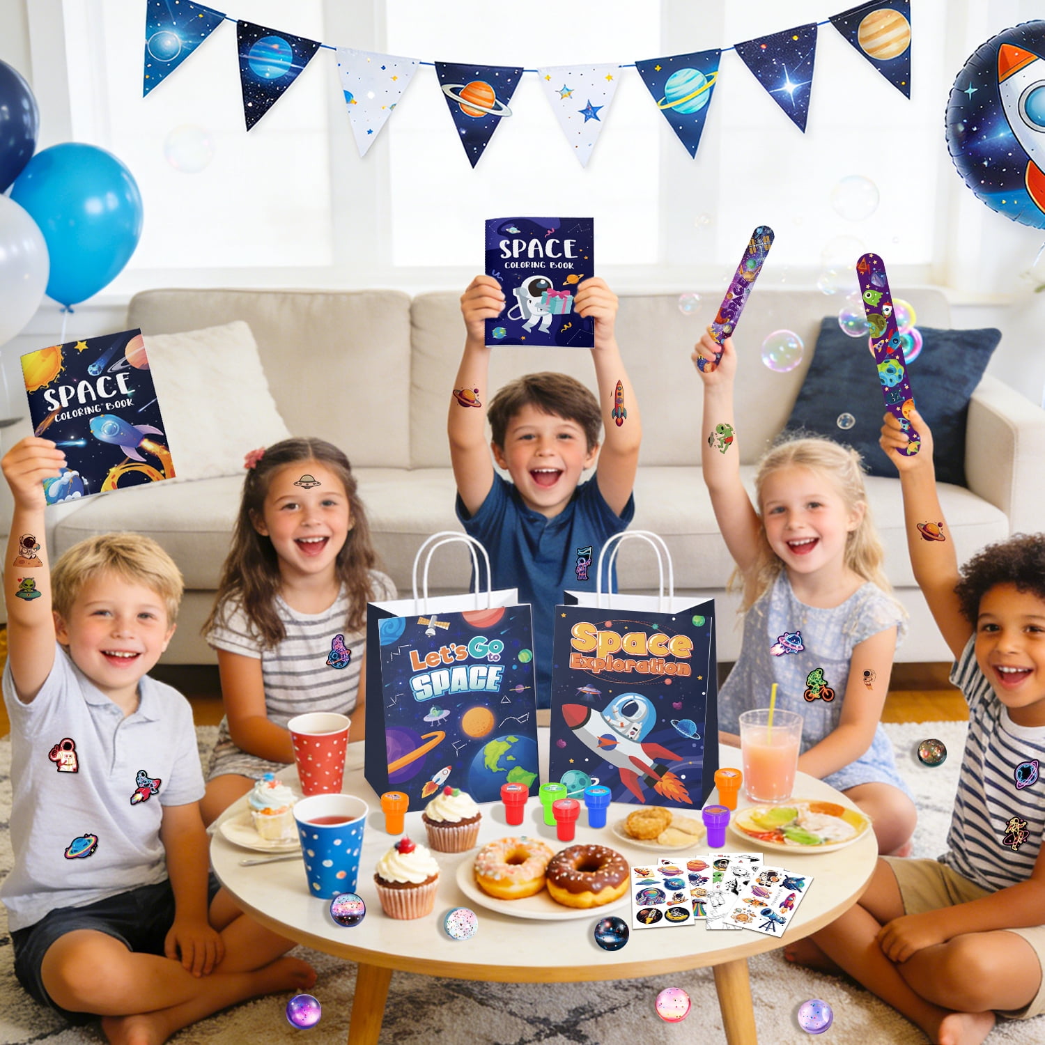 146pcs Space Party Favors Bags Fillers Includ Outer Space Goodie Bags Stickers Stamps Bracelets Solar System Coloring Books Pens etc for Astronaut Birthday Party Decorations Supplies