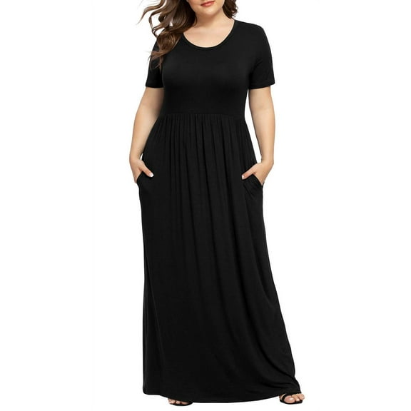 Maskion Women's Plus Size Casual Dresses Short Sleeve Maxi Dress XL-5XL with Pockets,3XL Black