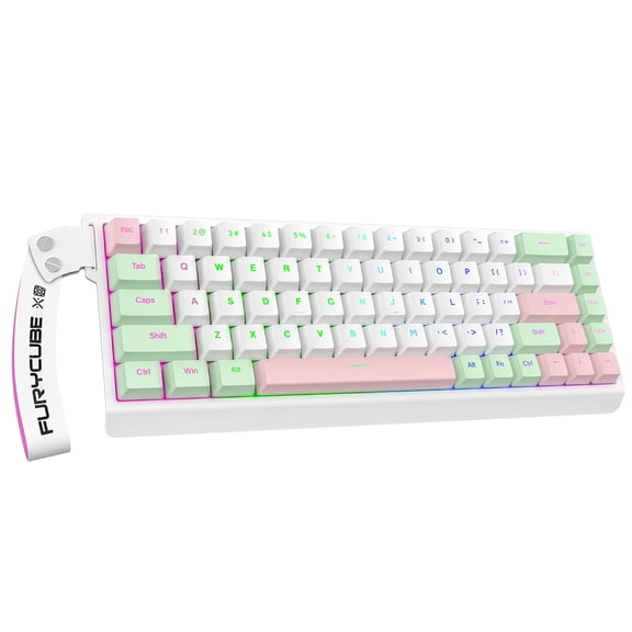 Rechale 60% Mechanical Feeling Gaming Keyboard Wired, 68-Key, PBT Keycaps, Removable Ribbon, Silent Gasket Structure, 8000Hz Polling Rate, RGB Backlit, for PC Gamers Office Windows Mac(pink&green)