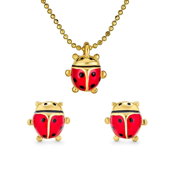 Bling Jewelry Womens Small Red Enamel Ladybug Pendant Necklace Stud Earrings Set