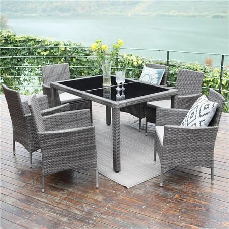 7 Piece Patio Wicker Dining Set,Wisteria Lane Outdoor Rattan Dining Furniture Glass Table Cushioned