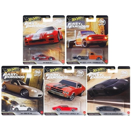 Hot Wheels Premium Fast & Furious 25th Anniversary Die-Cast Cars, Set of 5, Mazda RX-7, Custom Chevy, Chevelle, Honda Del Sol, Lamborgini Aventador,1:64 Scale HNW46-956P