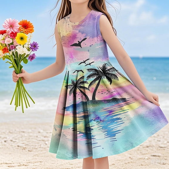 Piuwrlz Girls Summer Dresses Girl Casual Play Dresses Pleated Skirts Multicolor Size 9 Years