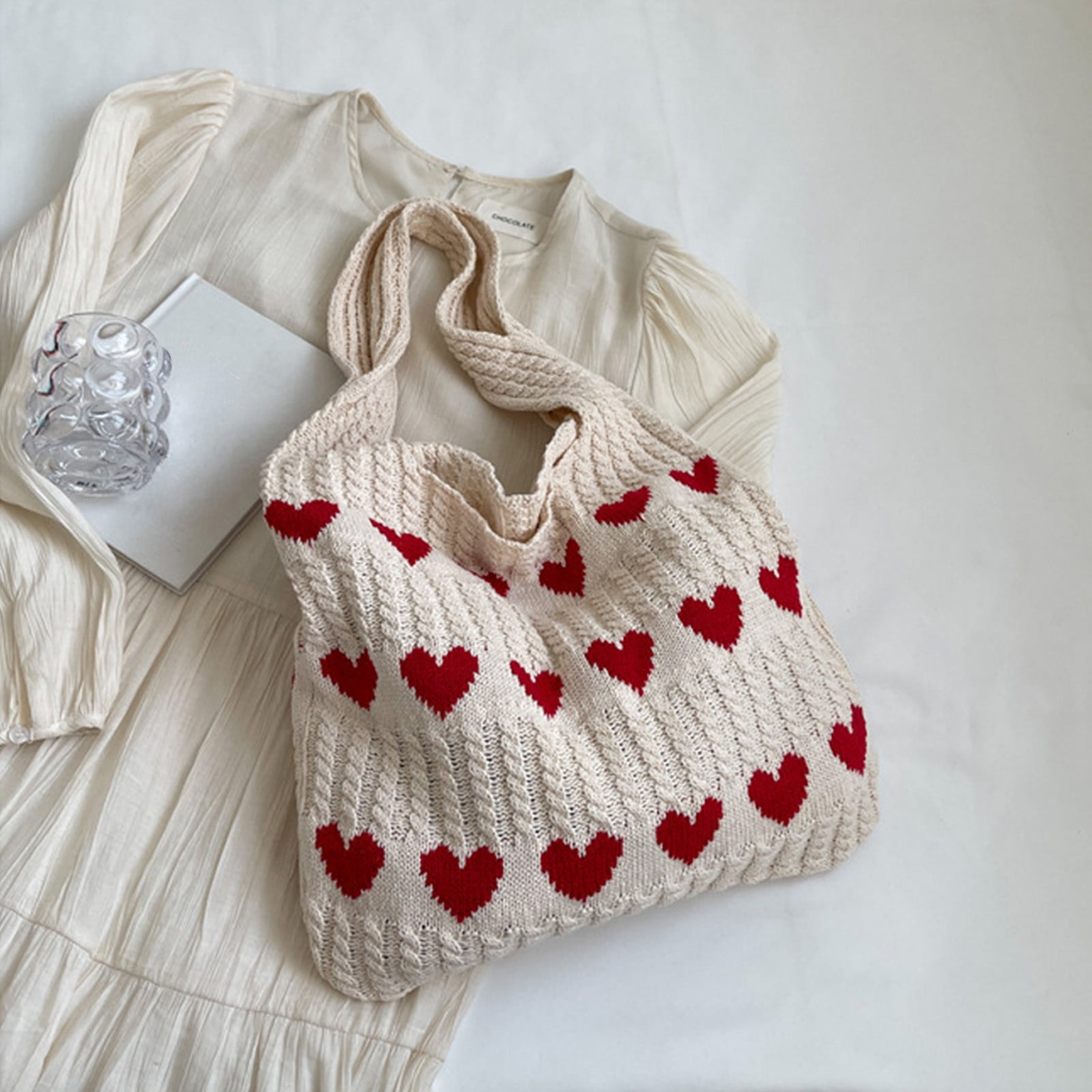 ★24-25FW新作★CALL ME BABY★Heart Logo Knit Tote Bag VBXOAE Knitted Tote Bag for Women Love Heart Design,Soft and