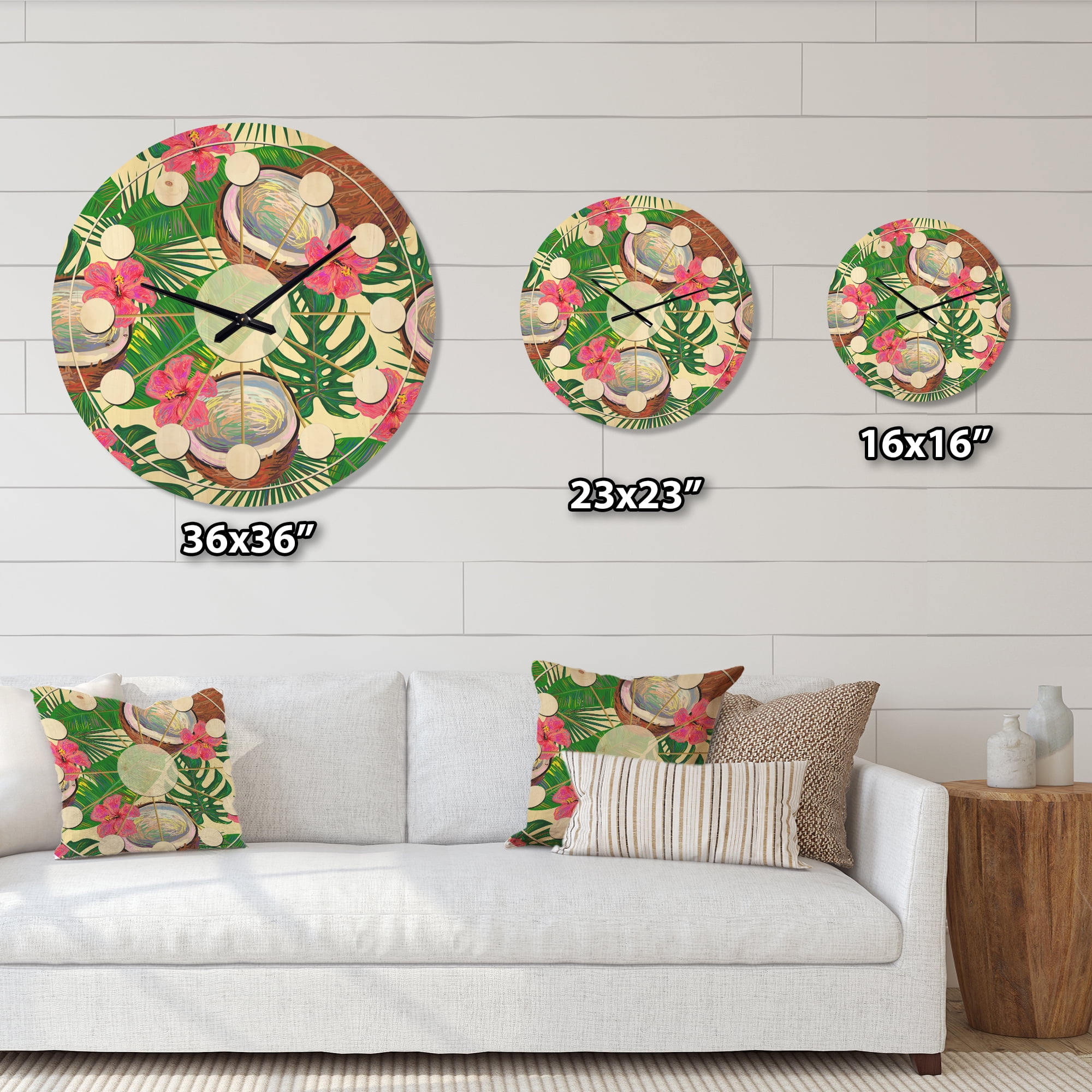 Designart 'Tropical Jungle Flowers and Cooconut' Mid-Century Modern Wood Wall Clock