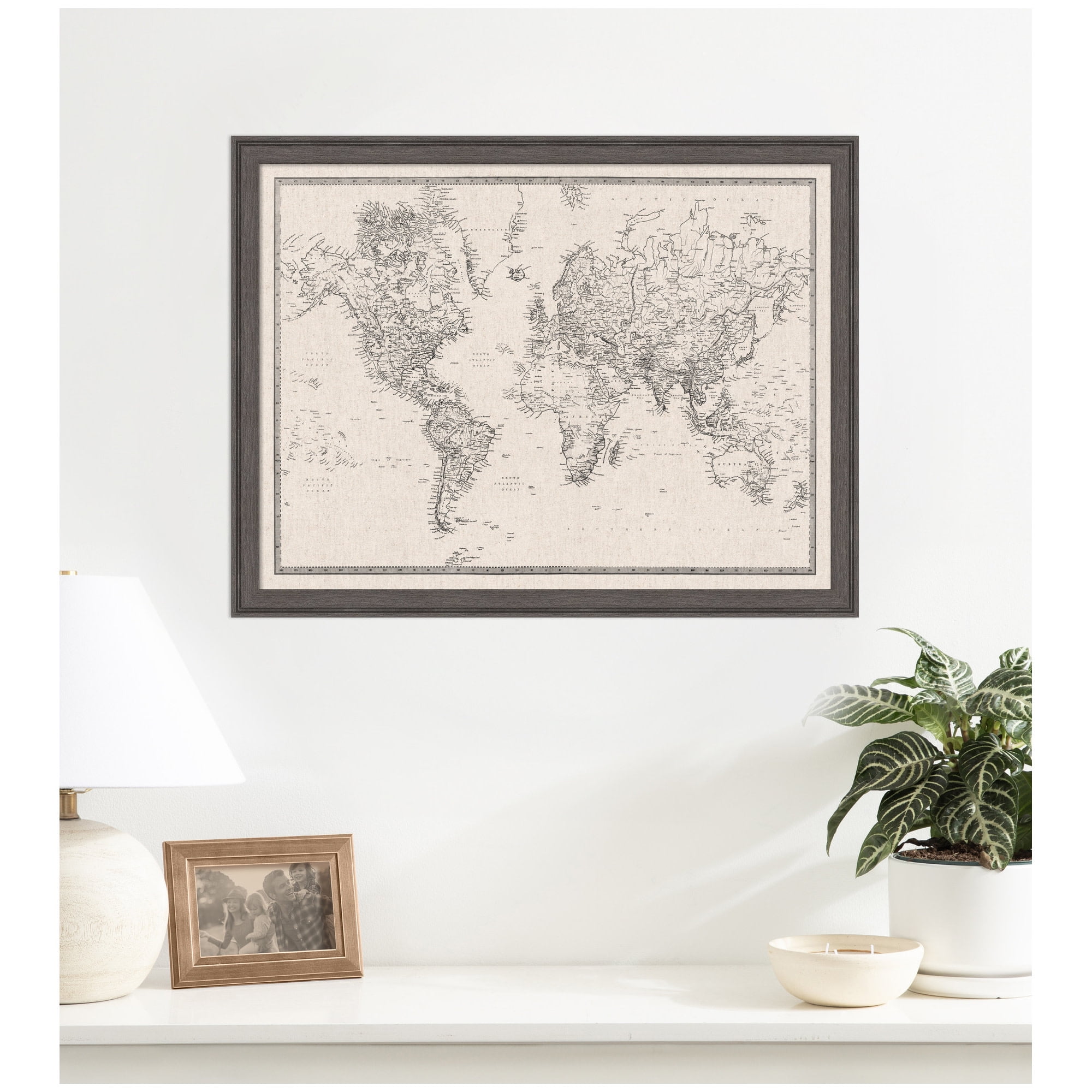 Kate and Laurel Framed Fabric Pinboard 26 x 20, Vintage Black and White Linen World Map Printed Linen Classic Bulletin Board for Use as a Vision Board or Wall Organization, Florence Pewter Frame