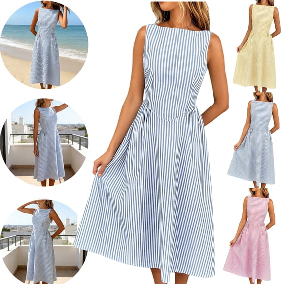 Gamivast Linen Wedding Guest Dresses for Women Flattering High Neck Sleeveless Midi Dress Striped Pattern Elegant Dresses Fitted Waist A-Line Party formal