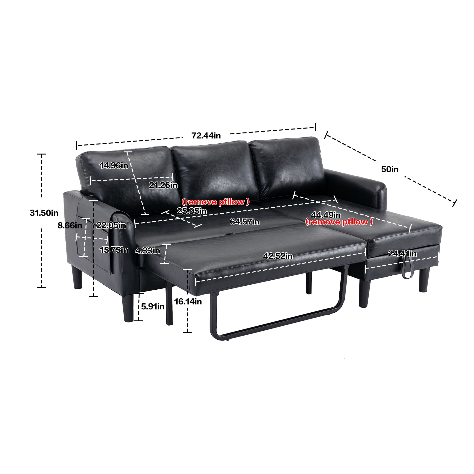 Resenkos Air Leather L Shaped Sleeper Sectional Sofa with Storage Chaise, Couch Convertible Pull-Out Bed, Black Resenkos Air Leather L Shaped Sleeper Sectional Sofa with Storage Chaise, Couch Convertible Pull-Out Bed, Black