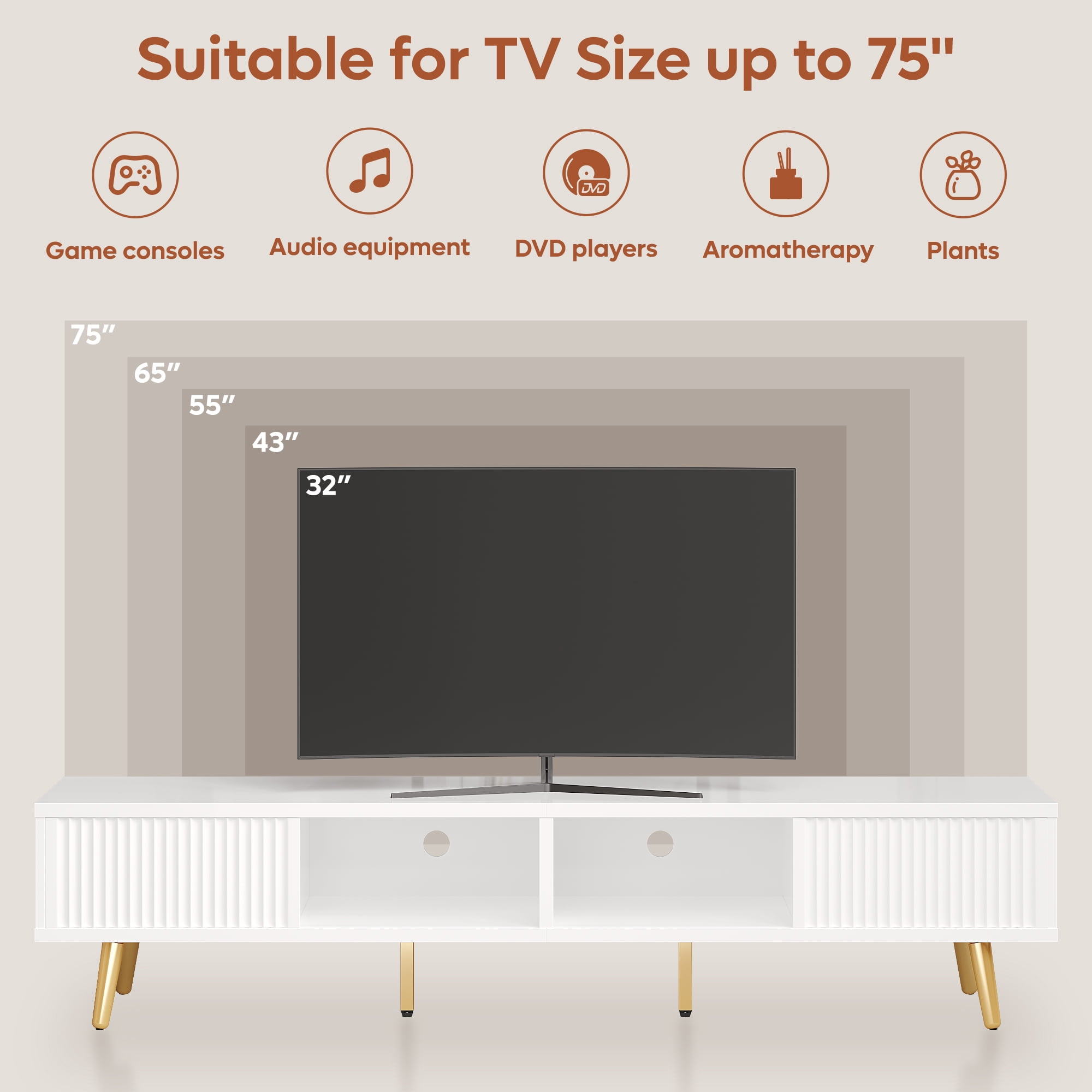 Bestier High Gloss TV Stand for 75 inch TVs, Modern Entertainment Center with Storage Cabinet, TV Console Table for Living Room,White