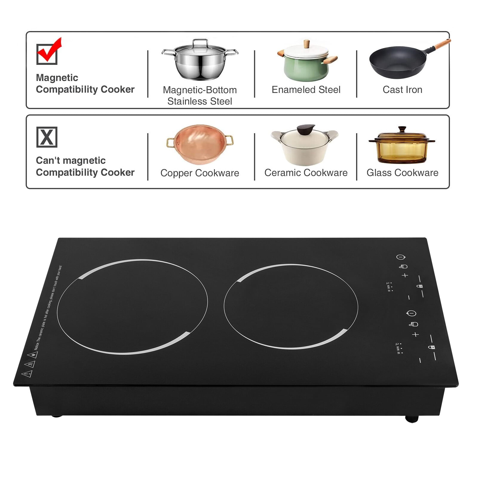 Miumaeov Double Induction Cooktop Cooker with 2 Burner Independent Control Ultrathin Body 9 Temperature 1200W+1100W Black Crystal Panel Induction Cooker with Timer Safety Lock
