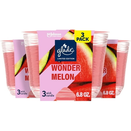 Glade 3-Wick Scented Candle Jar, Wonder Melon, Air Freshener Infused with Essential Oils, 6.8 Oz, 3 Count