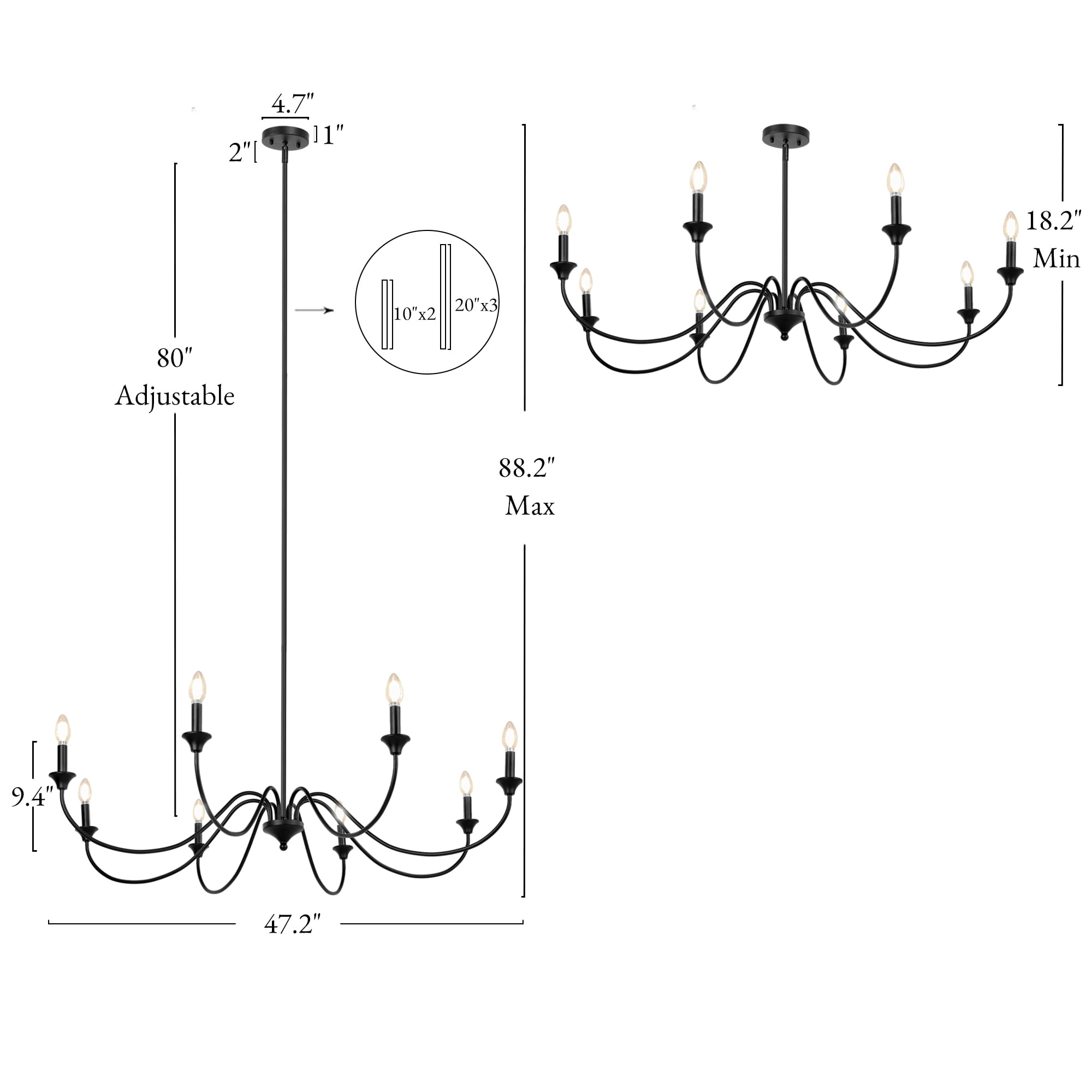 LNC Donnish 47.2'' 8 -Light Matte Black Bare bulb Metal Chandelier