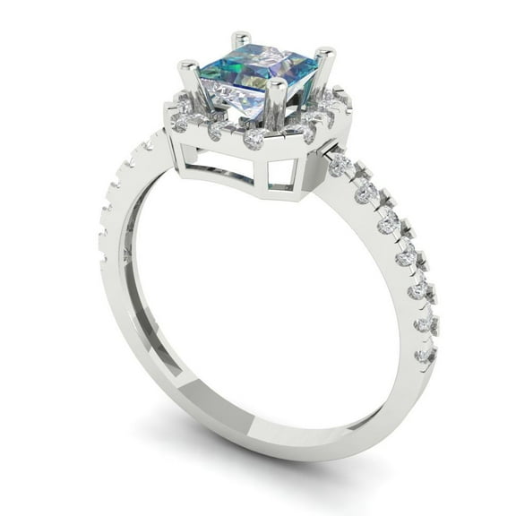 0.89 ct Princess Cut Blue Moissanite Halo Engagement Ring for Women in 18K White Gold