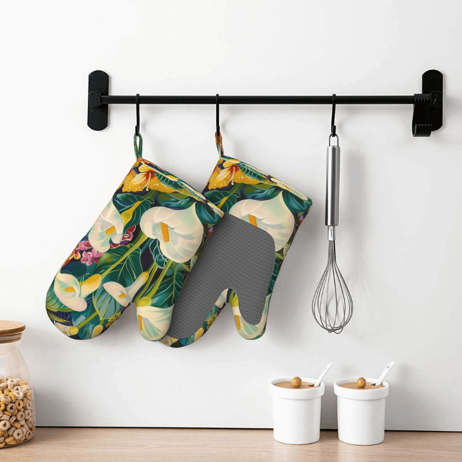 Hirioo Tropical Floral Jungle for Silicone Oven Mitts for BBQ, Baking, Cooking, Set of 2, Heat Resistant 260℃, Non-Slip Kitchen Essentials