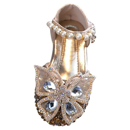 

Siilsaa Girls Toddler Dress Shoes Flower Princess Shoes Glitter Mary Jane Low Heels for Party Wedding(Gold 3-3.5 Years )