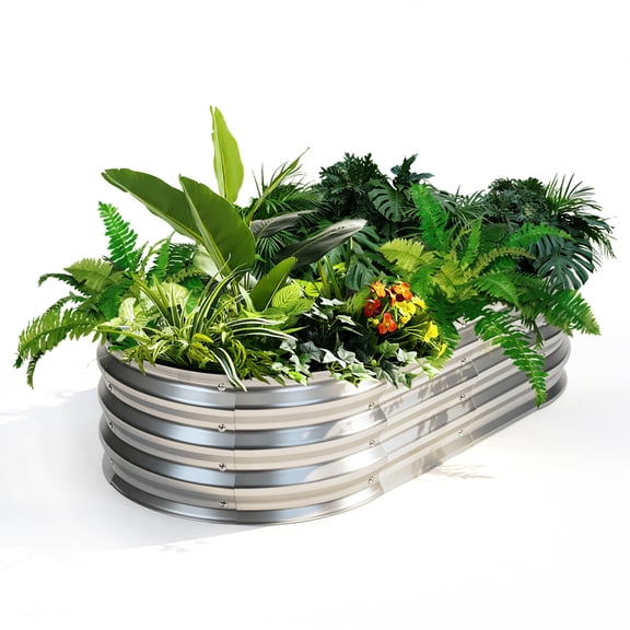 EDX Galvanized Steel Raised Garden Bed, Oval Metal Elevated Planter Box with Multiple Sizes for Outdoor Gardening, Silver
