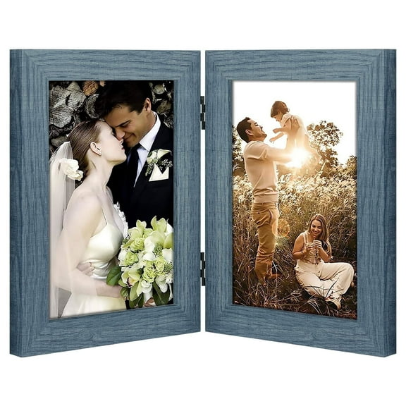 Golden State Art, 5x7 Double Picture Frame Vertical Hinged Photo Frame 2 Opening Folding Family Frames Collage, with Real Glass (5x7, Blue, 1-Pack)