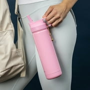 Thyme & Table 26 fl oz Water Bottle with Straw Lid, Pink with Heart Gold Charm