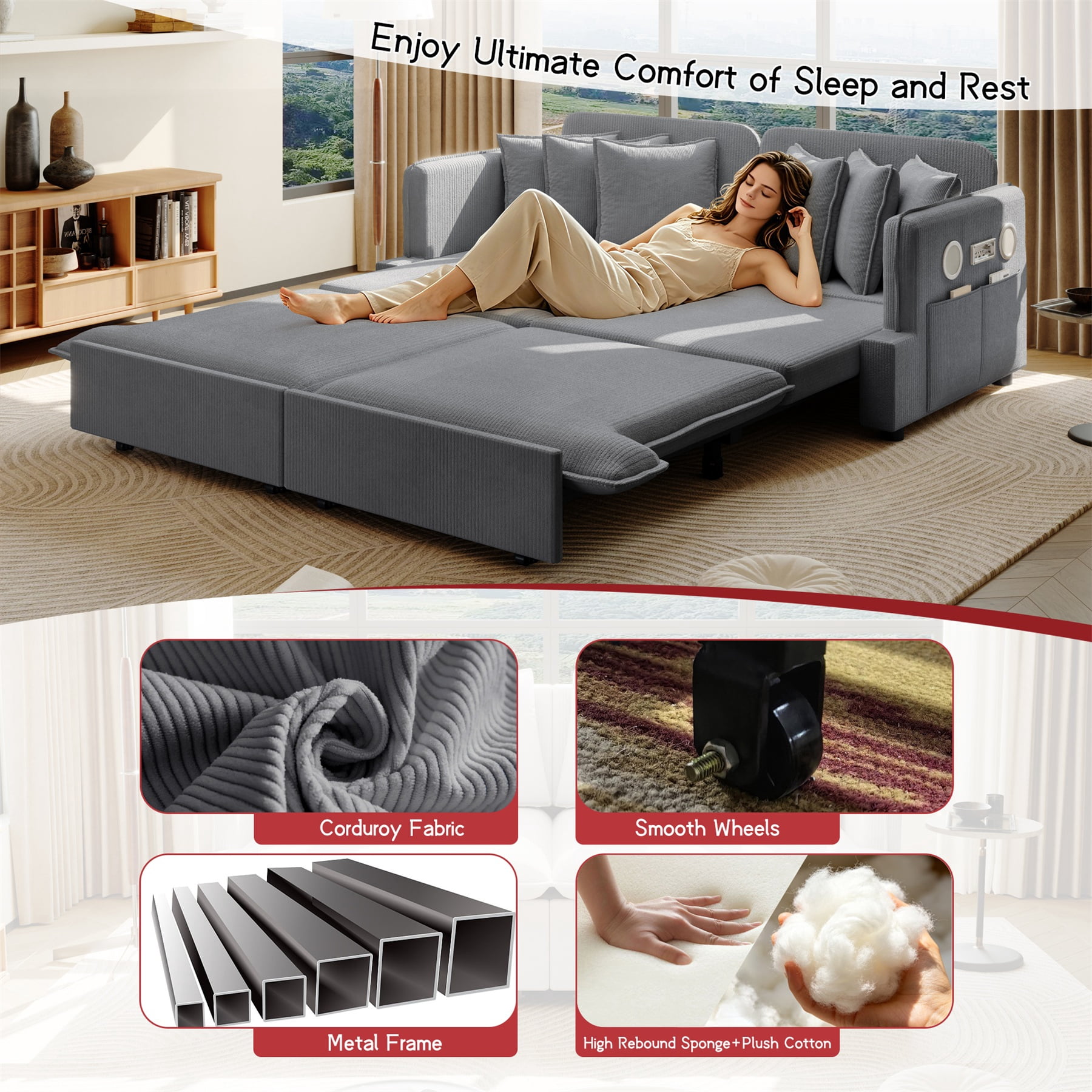 Alvantor 3 in 1 Convertible Sleeper Sofa Bed, 68" W Pull Out Sofa Bed with Bluetooth Speakers, USB Ports for living room, Apartment, Grey