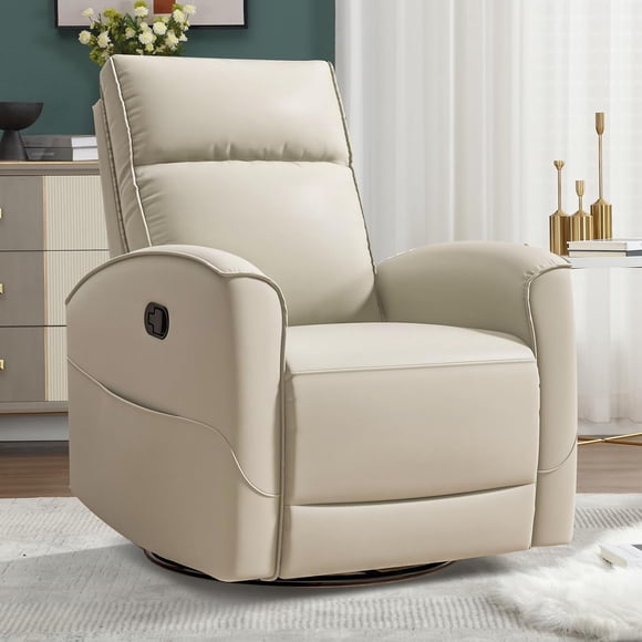 Bonzy Home Swivel Rocker Recliner Chair, Manual Faux Leather Glider Rocking Recliners for Adults, 360° Swivel Nursery Reclining Sofa with Storage Pocket, Beige