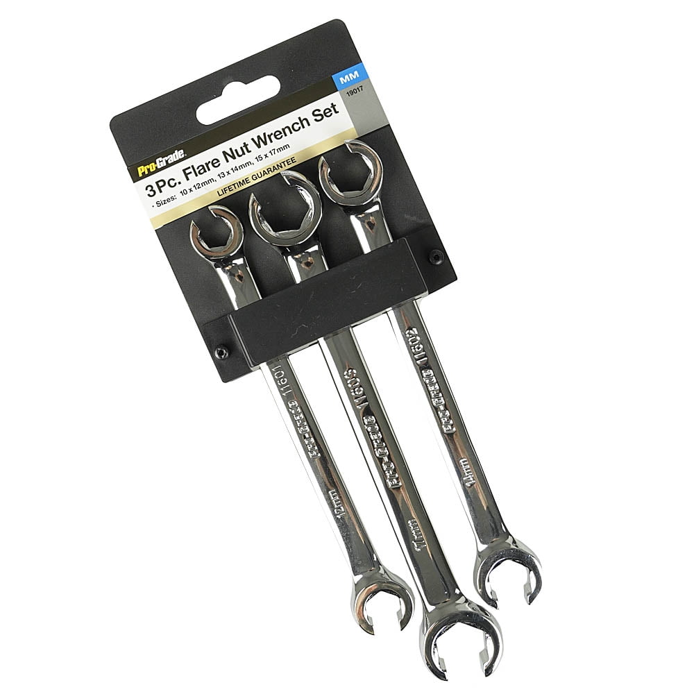3 Pc Flare Nut Wrench Set Metric Brake Line 10mm - 17mm Auto Tools Flat Panel 19017