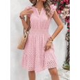 thumbnail image 4 of Pink Eyelet Cap Sleeve V-Neck A-Line Tiered Sundress For Women, 4 of 5