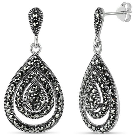 Swarovski Marcasite Sterling Silver Oxidized Double Pear Shaped Drop Earrings