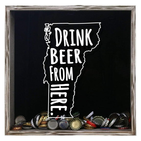 Torched Vermont Beer Cap Shadow Box Wall Mount Decor 13"x13"x3" Gray
