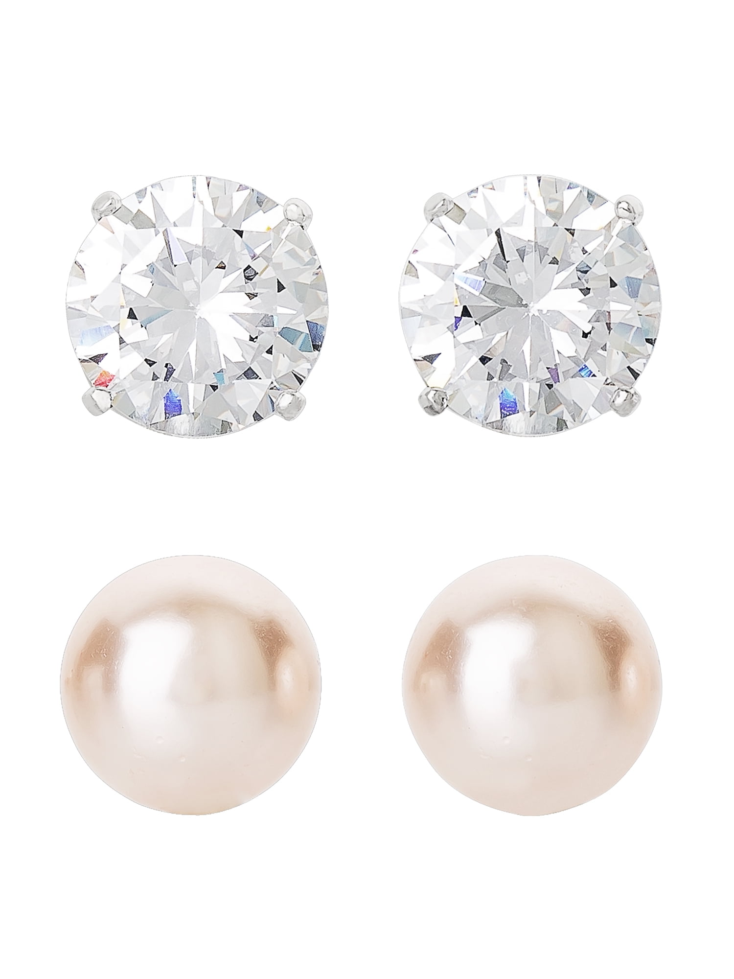 Christmas Tree And Bell Stud Earrings With Pearl and Cubic Zirconia In Sliver 