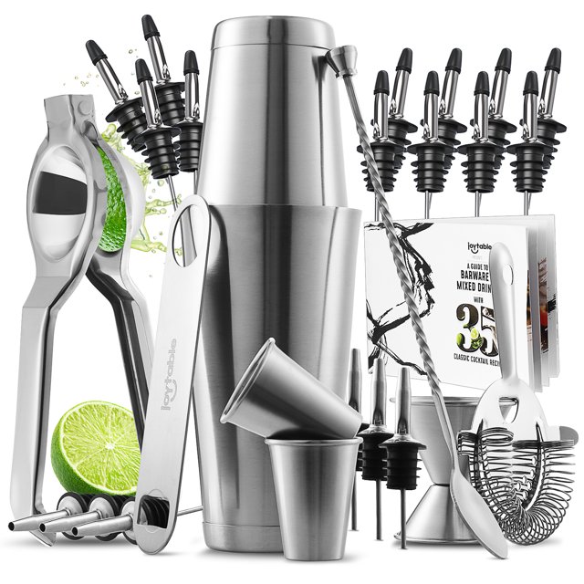 JoyTable Bartender Kit - Bar Set Tools - 30pc Cocktail Set Kit - Bartender Drink Mixer Shaker Bar Tool Set with 12 Bottle Pourers, Lemon Squeezer, and Great Recipe Book