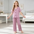 thumbnail image 2 of Xudanell Toddler Baby Girls Pajamas Silk Satin Short Sleeve Botton Shirt Tops Shorts Set Summer Sleepwear Lounge Pjs (6-12 Months,Purple), 2 of 6