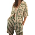 thumbnail image 2 of Yunliwuli Women's Summer Loungewear Set Sun Print Short Sleeve Lapel Button T-Shirt with Elastic Waist Stripe Shorts Sleepwear, 2 of 10