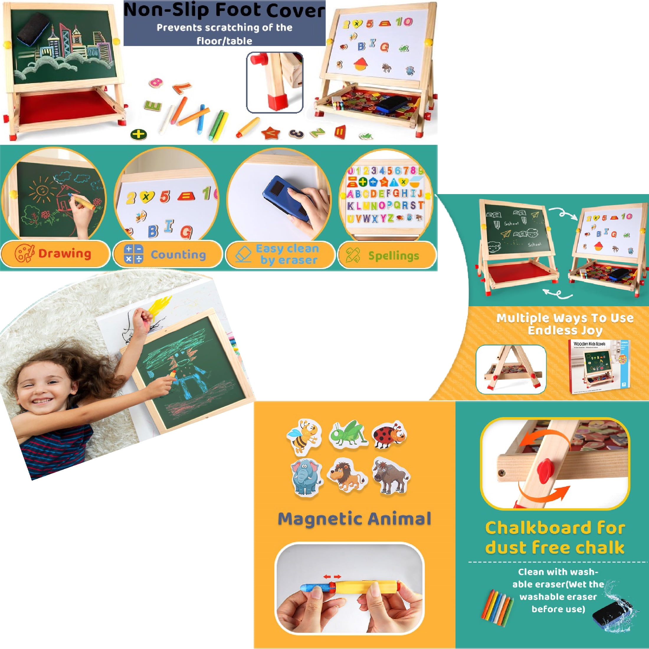 Ealing Kids Wooden Easel Double-Sided Tabletop Drawing Board Magnetic Whiteboard Chalkboard, with Letters Numbers  & Art Supplies, Preschool Learning Toys for  Boys Girls Ages 3+