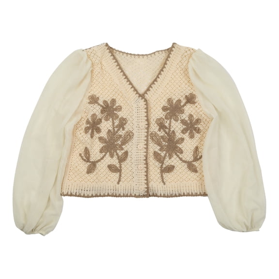 Womens Flower Crochet Knit Loose Puff Long Sleeve Cropped Cardigan V-Neck Button Down French for Jacket Coat Blous