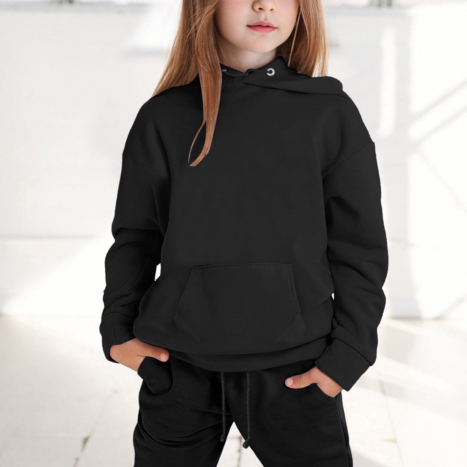 Toddler Boys Girls Winter Clothes Long Sleeve Solid Warm Hoodie Pullover Tops Pants Loose Comfort Kids Outfits Sweat Suit,Z6-Black,10-11 Years