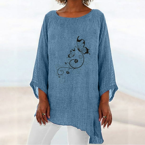 Camisa de lino y algodón con cuello redondo y manga 3/4 para mujer