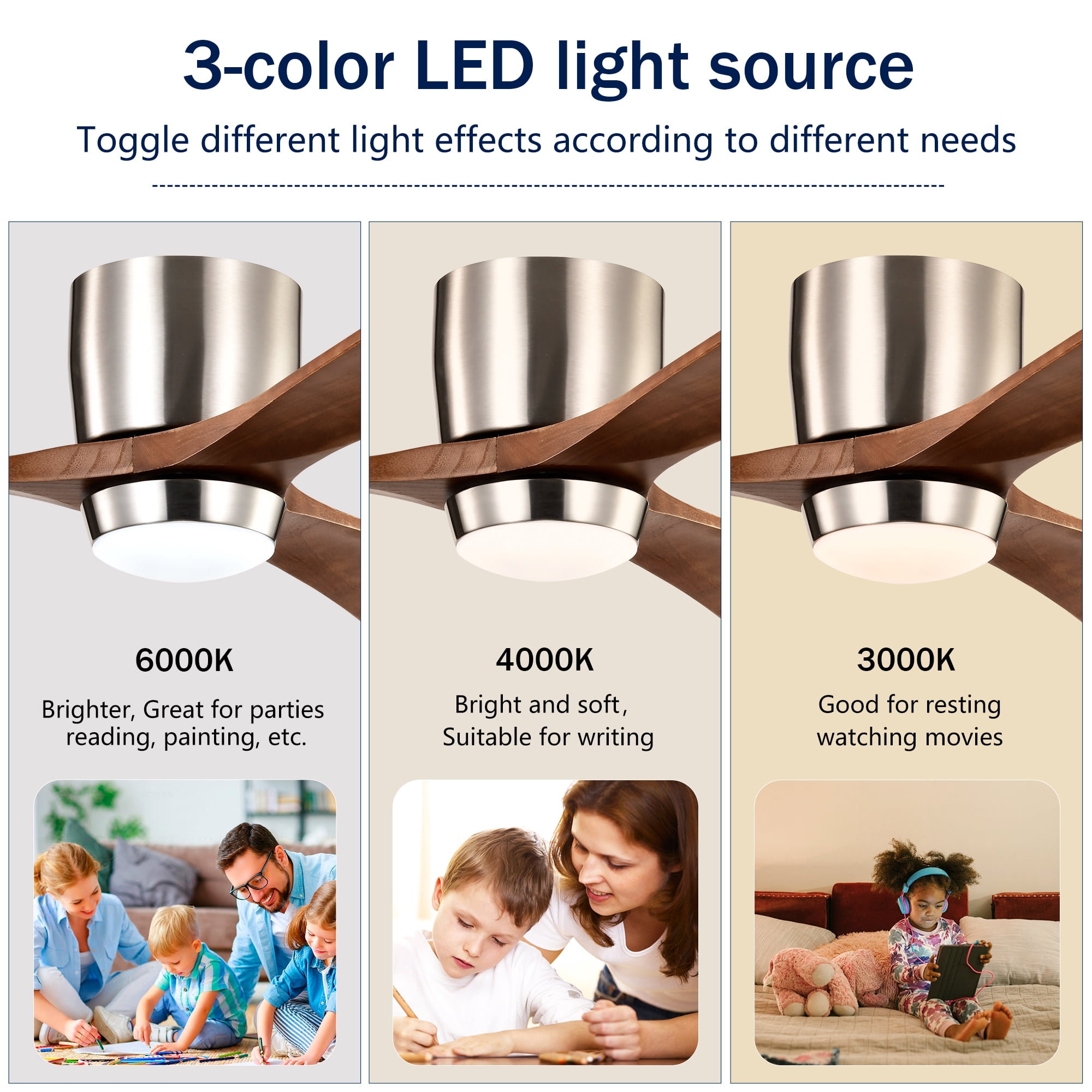 Leumius 52" Flush Mount Solid Wood Blades Ceiling Fan with Light and Remote Control,Quiet DC Motor 6 Speed Levels,Reversible for Patio Living Room Bedroom Office Nickel